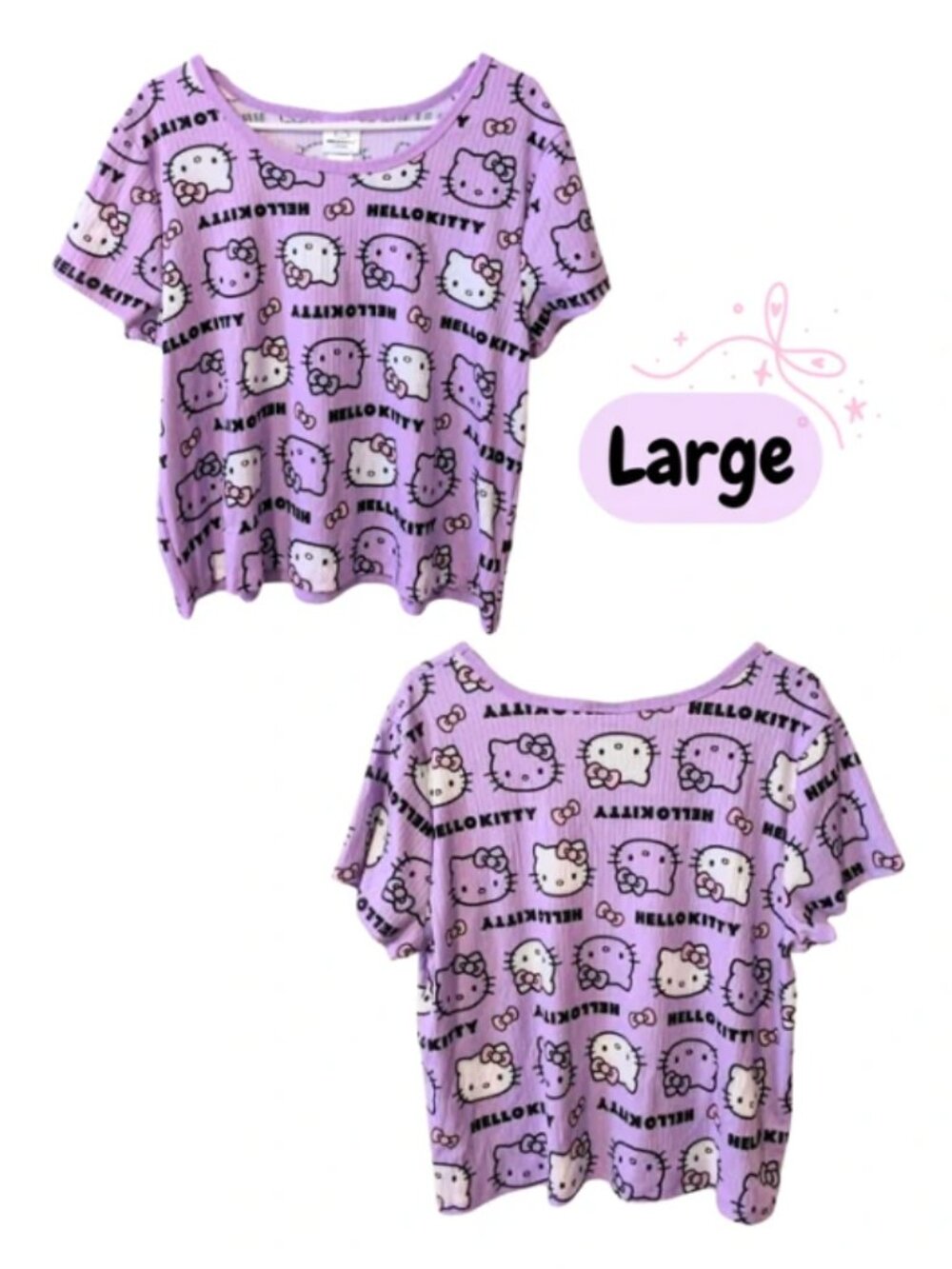 Official Sanrio Hello Kitty Purple Ribbed Sleepwear Top Kawaii Y2K Pajama Shirt